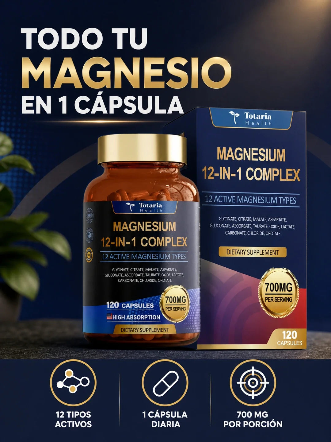 Magnesium 12-IN-1 Complex - Complejo de Magnesio 12 en 1 de Alta Absorción, 700 mg por porción (120 cápsulas)