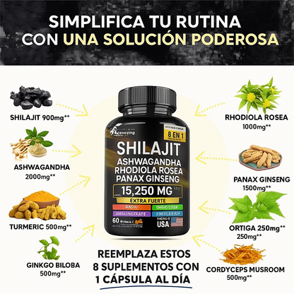 8 en 1 Cápsulas - Shilajit Ashwagandha Rhodiola Rosea Panax y Ginseng