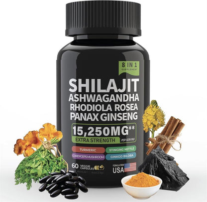 8 en 1 Cápsulas - Shilajit Ashwagandha Rhodiola Rosea Panax y Ginseng