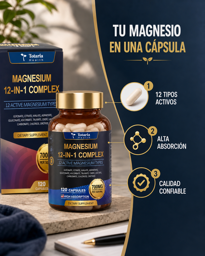 Magnesium 12-IN-1 Complex - Complejo de Magnesio 12 en 1 de Alta Absorción, 700 mg por porción (120 cápsulas)