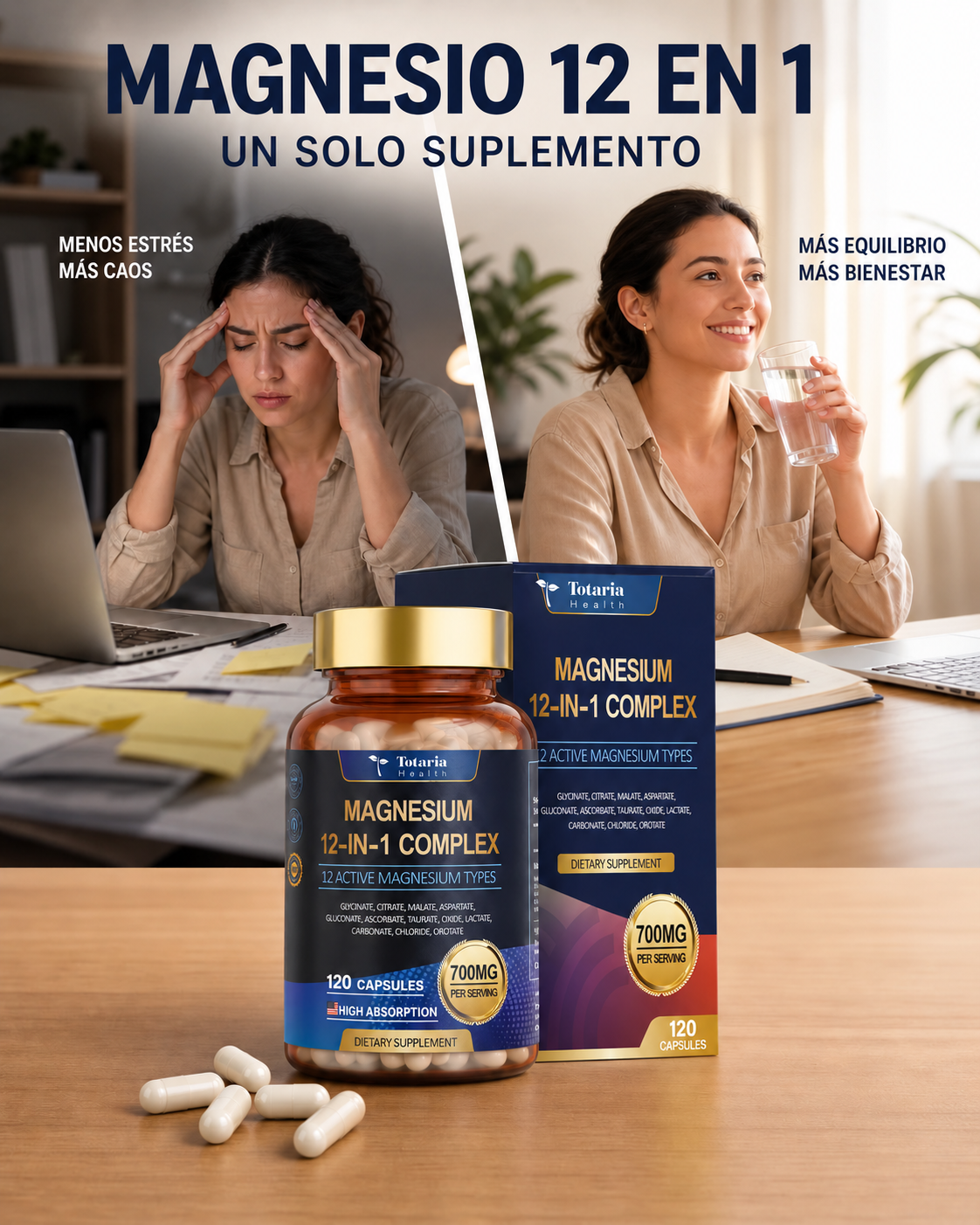 Magnesium 12-IN-1 Complex - Complejo de Magnesio 12 en 1 de Alta Absorción, 700 mg por porción (120 cápsulas)
