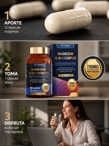 Magnesium 12-IN-1 Complex - Complejo de Magnesio 12 en 1 de Alta Absorción, 700 mg por porción (120 cápsulas)