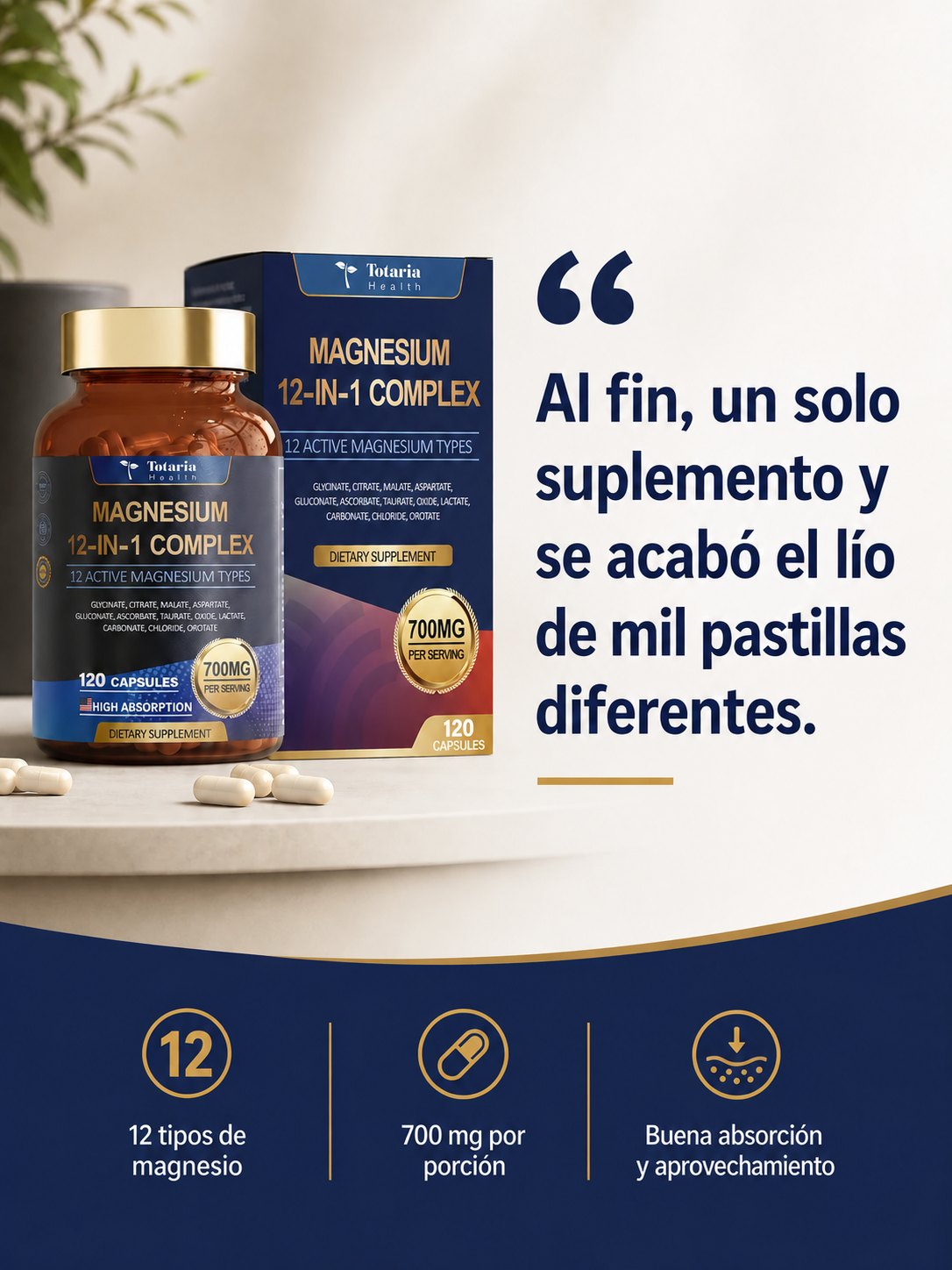 Magnesium 12-IN-1 Complex - Complejo de Magnesio 12 en 1 de Alta Absorción, 700 mg por porción (120 cápsulas)