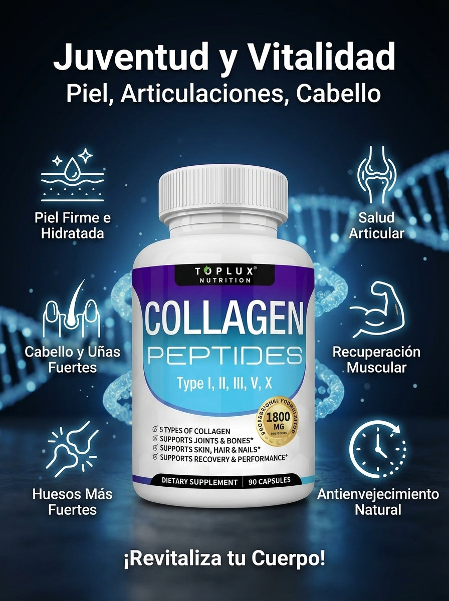Toplux Complejo Multi-Colágeno 1800mg: 5 Tipos de Colágeno para Piel y Articulaciones (90 Cápsulas)